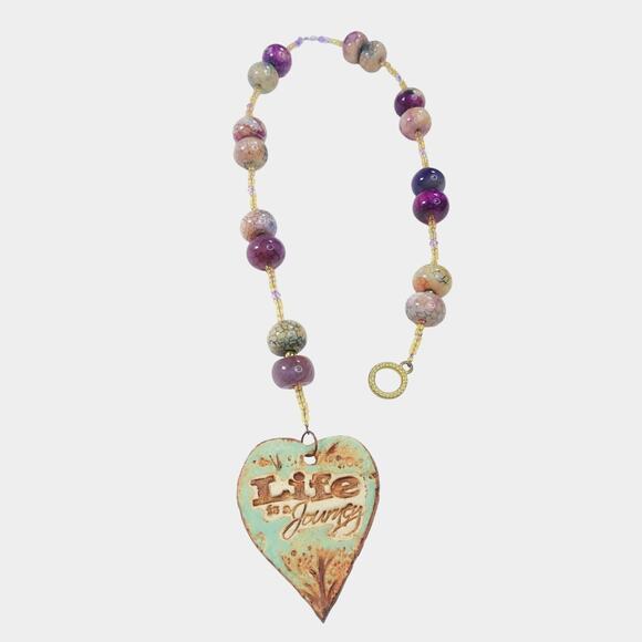 Artisan Ceramic Heart Beaded Suncatcher Life is a Journey Crackled Glass NEW - Picture 1 of 15